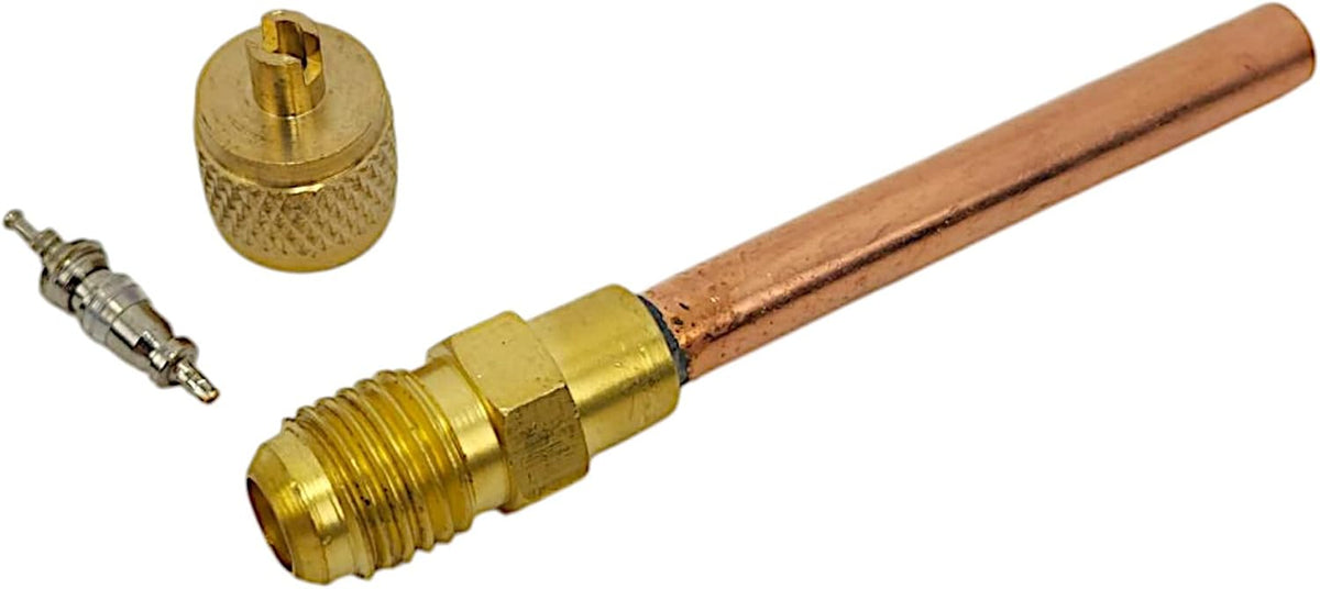 Service Access Valves – 1/4" SAE x 1/4" OD x 4" Stem – Brass & Copper Schrader Valve Kit with Core Remover & Cap for HVAC Refrigerant Charging Systems (3-Pack)
