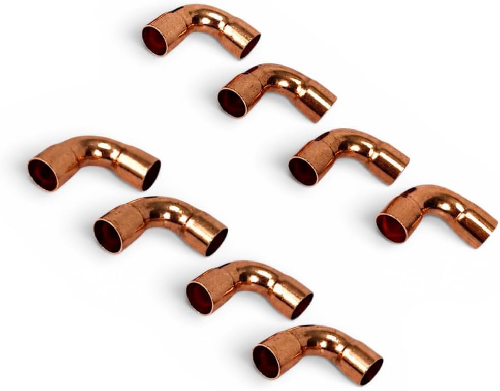 Copper Pipe Elbow 3/8" ID 90 Degree Sweat Solder Connectors for HVAC Refrigeration System & Plumbing, 99.9% Pure Copper Tubing Fittings Short Radius, 0.8mm Thick, 8pcs