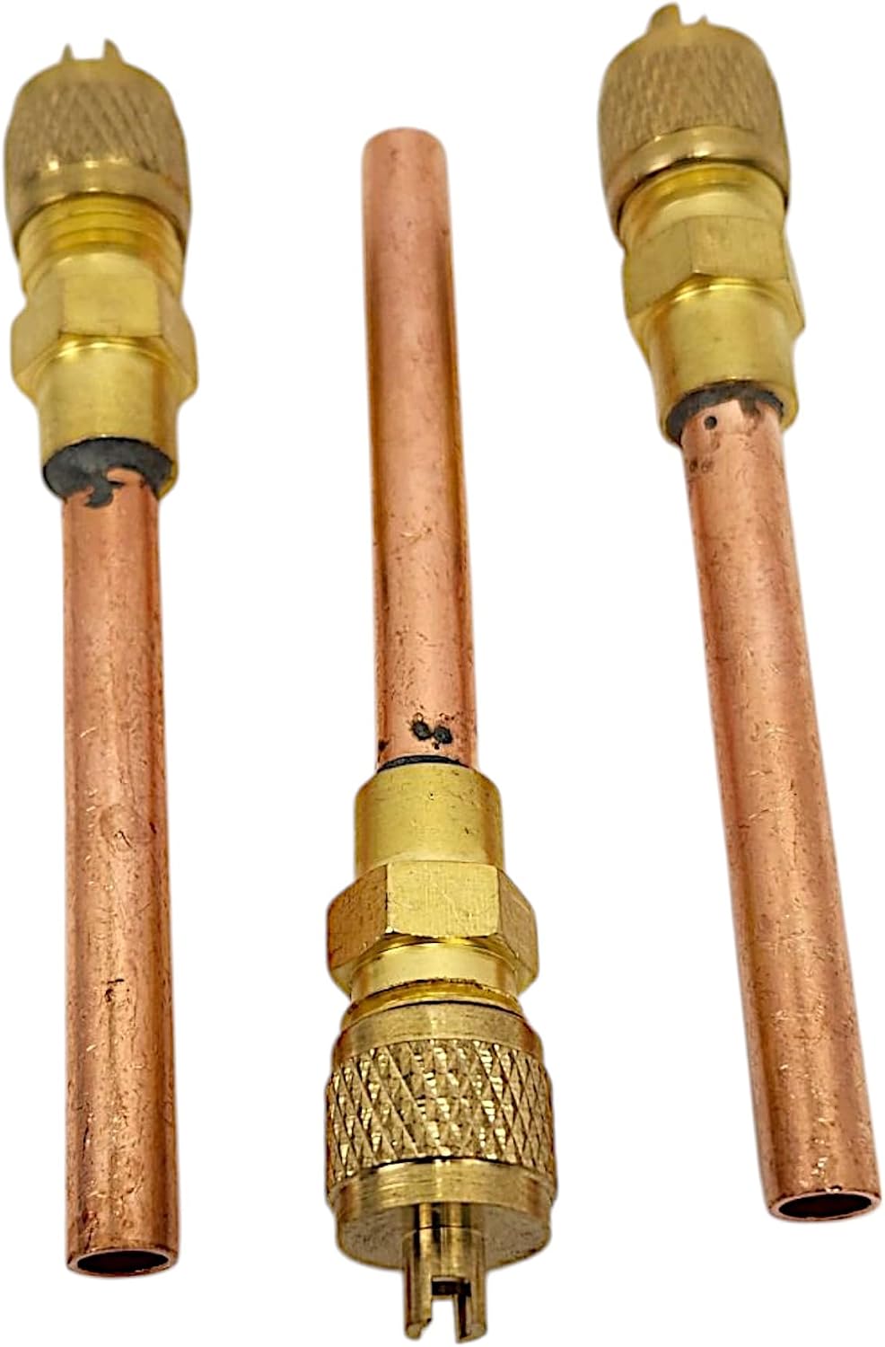 Service Access Valves – 1/4" SAE x 1/4" OD x 4" Stem – Brass & Copper Schrader Valve Kit with Core Remover & Cap for HVAC Refrigerant Charging Systems (3-Pack)