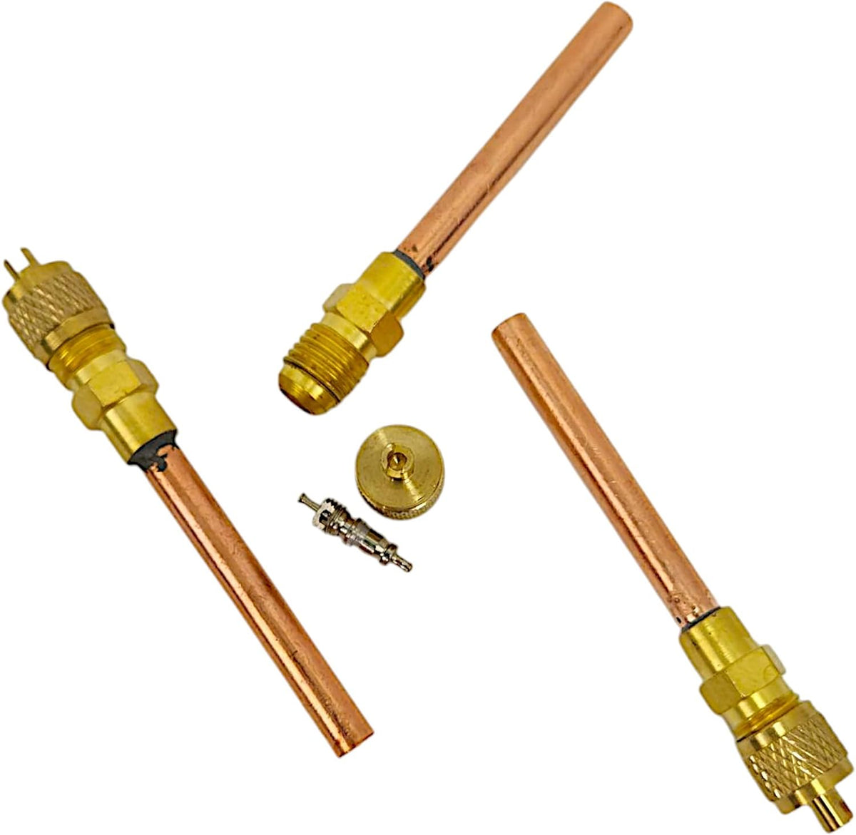 Service Access Valves – 1/4" SAE x 1/4" OD x 4" Stem – Brass & Copper Schrader Valve Kit with Core Remover & Cap for HVAC Refrigerant Charging Systems (3-Pack)