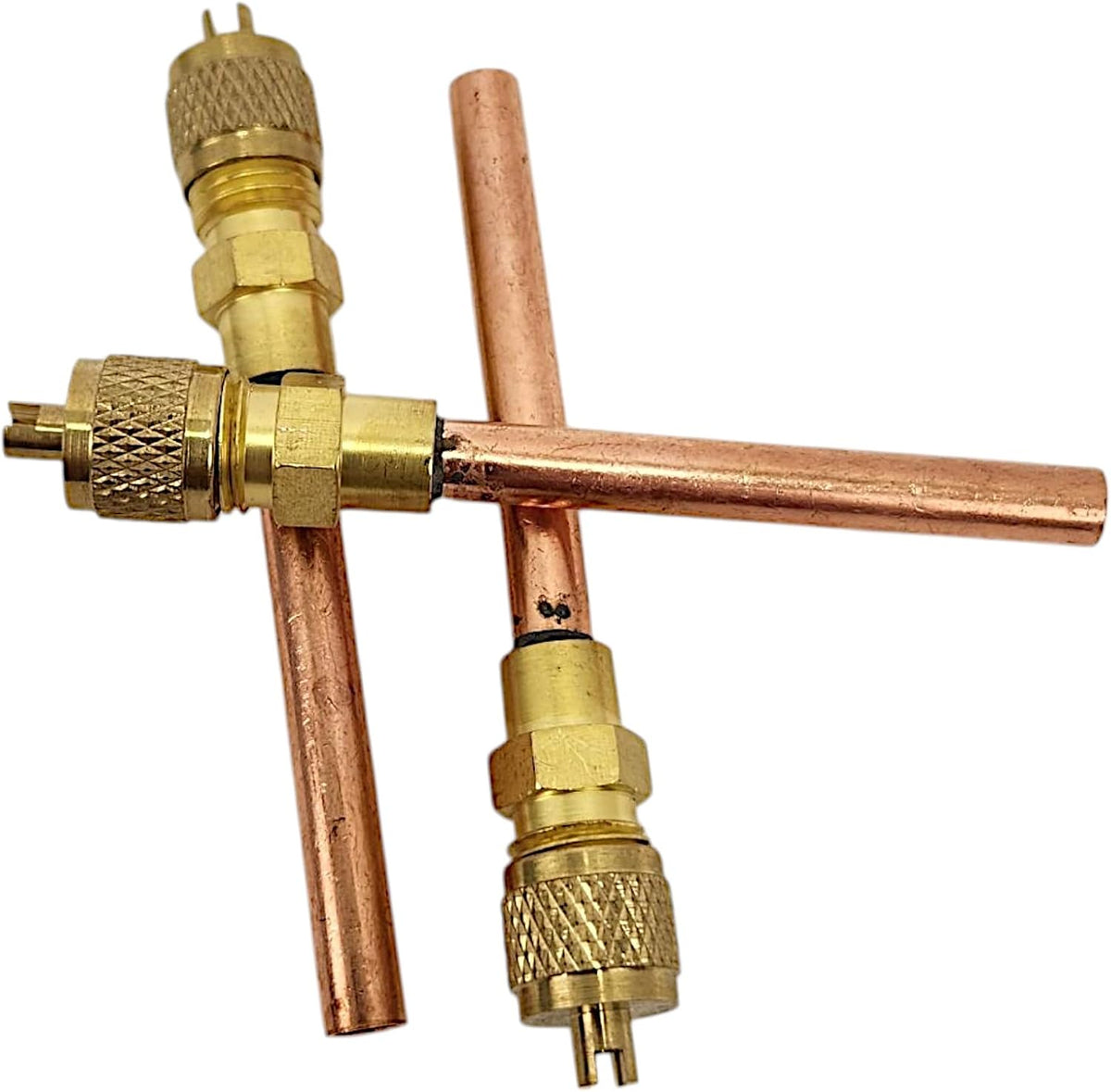 Service Access Valves – 1/4" SAE x 1/4" OD x 4" Stem – Brass & Copper Schrader Valve Kit with Core Remover & Cap for HVAC Refrigerant Charging Systems (3-Pack)
