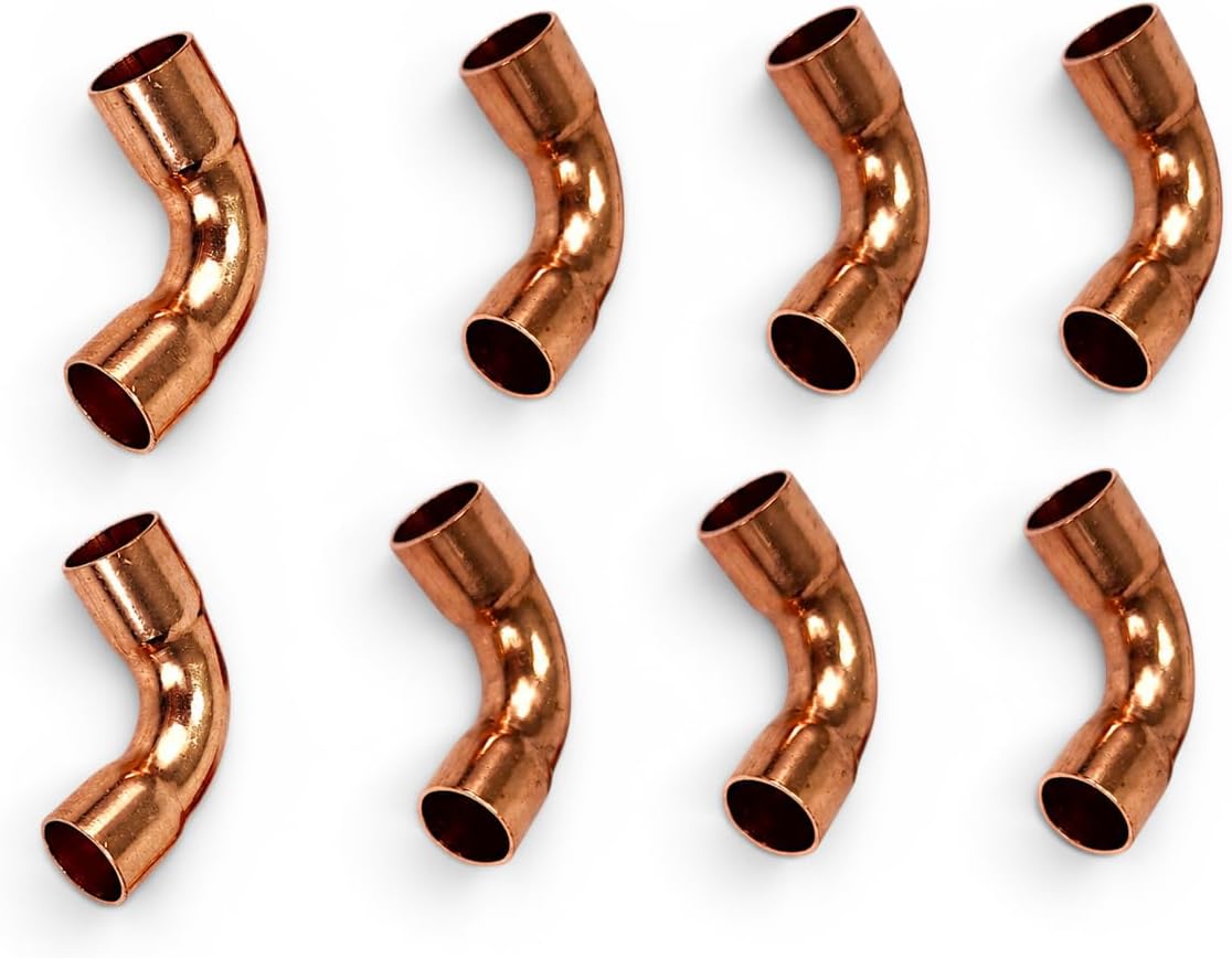 Copper Pipe Elbow 3/8" ID 90 Degree Sweat Solder Connectors for HVAC Refrigeration System & Plumbing, 99.9% Pure Copper Tubing Fittings Short Radius, 0.8mm Thick, 8pcs