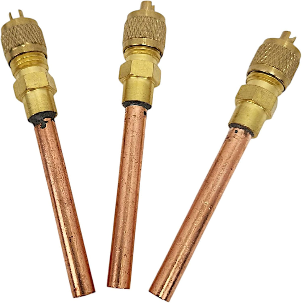 Service Access Valves – 1/4" SAE x 1/4" OD x 4" Stem – Brass & Copper Schrader Valve Kit with Core Remover & Cap for HVAC Refrigerant Charging Systems (3-Pack)